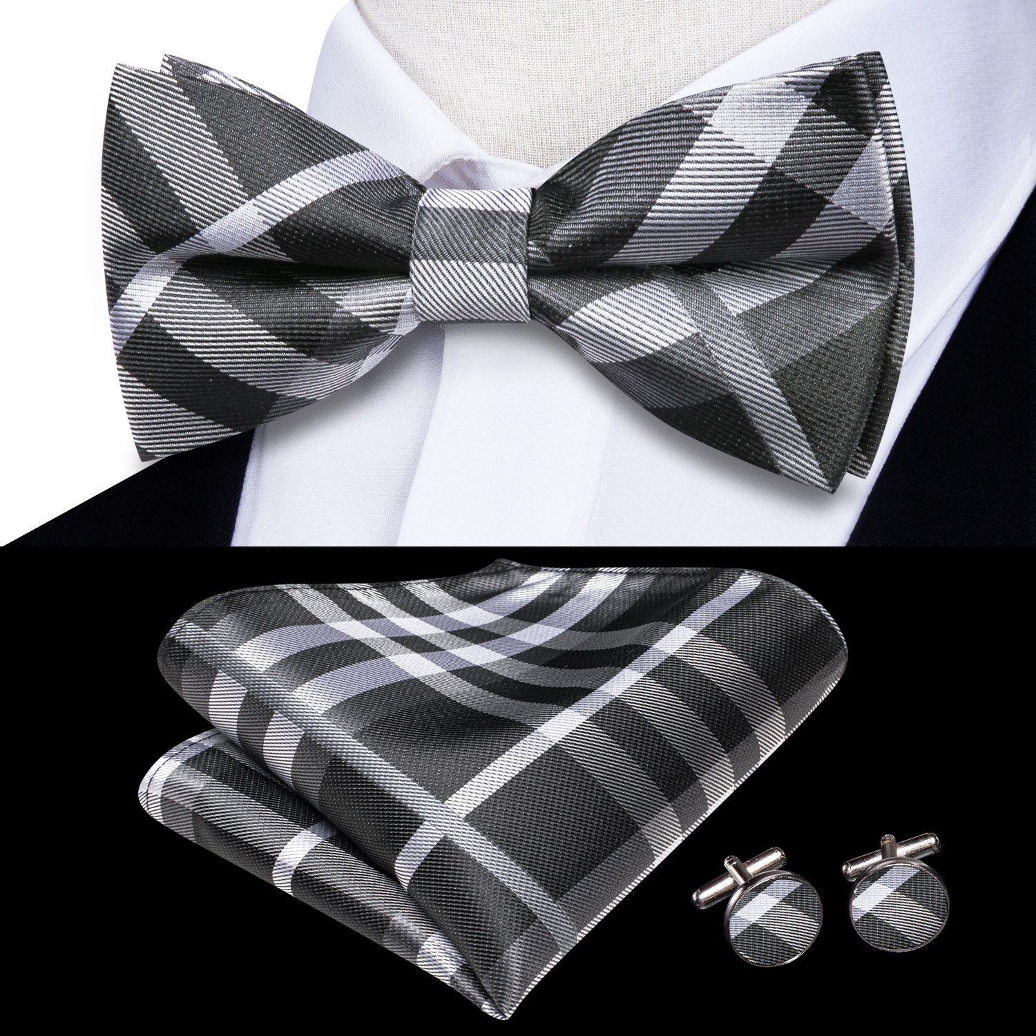 Hi-Tie Grey Plaid Jacquard Pre - Bow Tie Pre Tied avaliação e preço